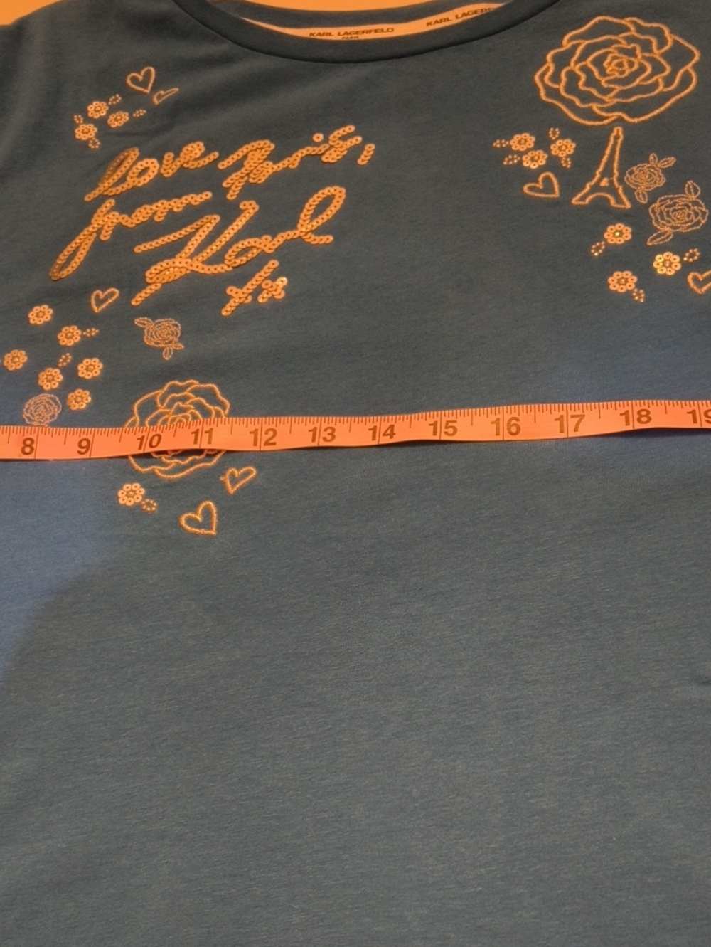 Karl Lagerfeld Turquoise Blue Rhinestone Script Tee - Picture 7 of 12